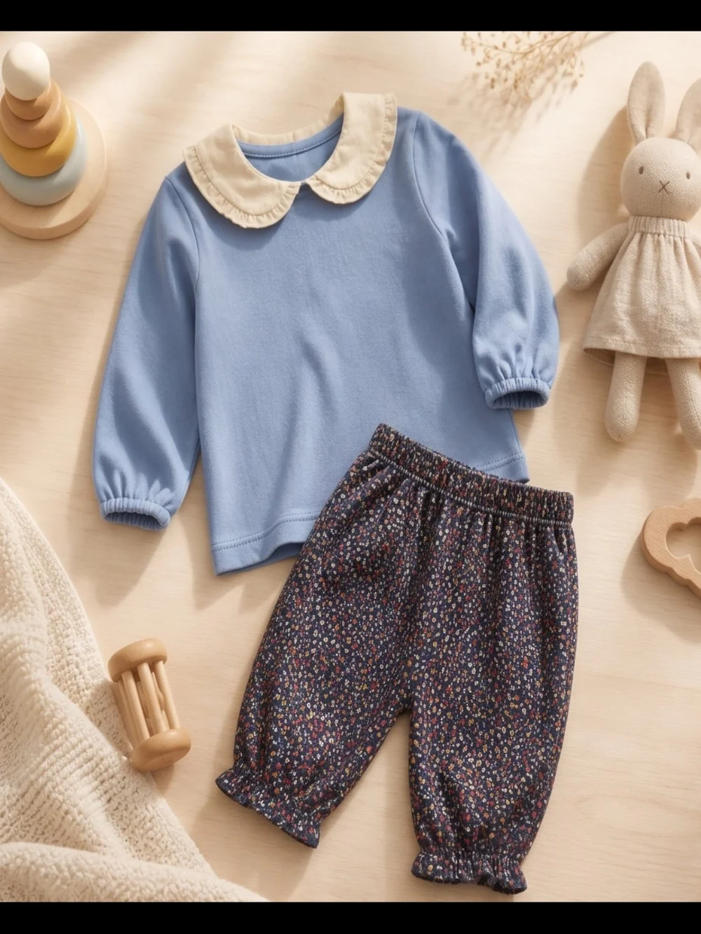 Edgehill Collection Blue Top with Cream Peter Pan Collar and Navy Floral Pants